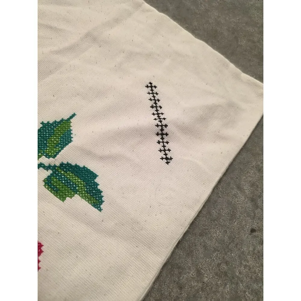 Vintage Mexican Hand Embroidered Pink Rose Linen Pillowcase 27x18in.